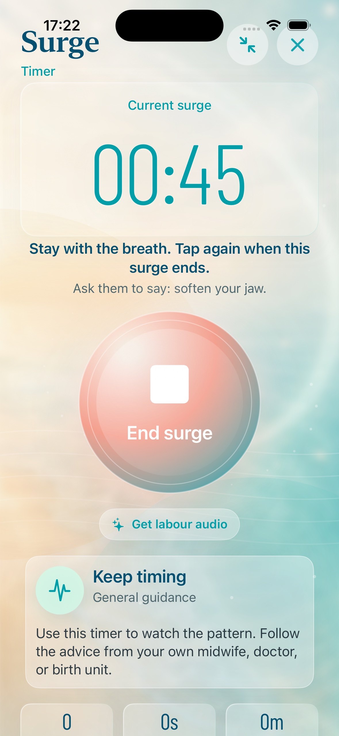 BirthSound Labor Mode timing an active contraction with breathing and care-team guidance.